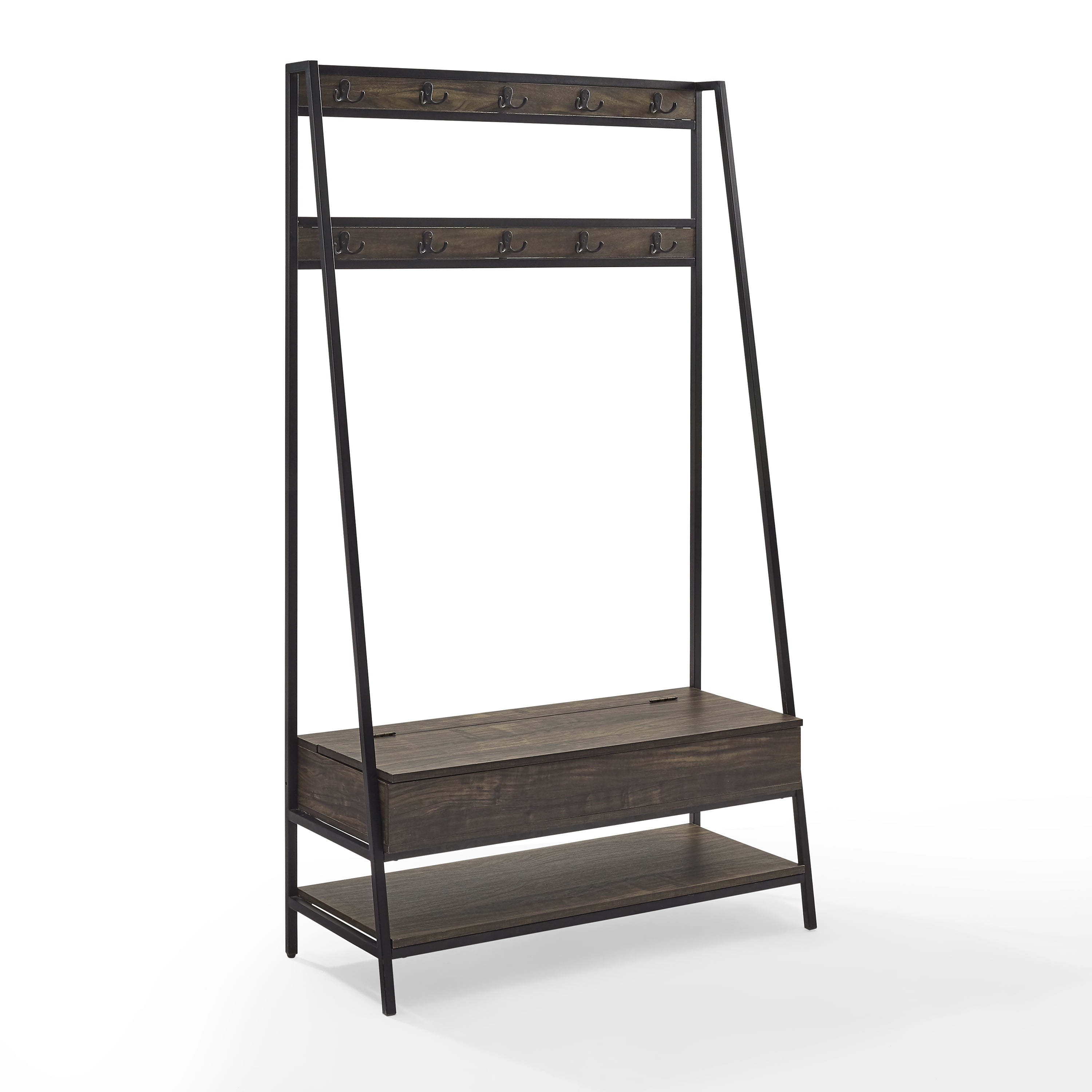 Jacobsen Industrial Brown Ash and Matte Black Hall Tree with Storage