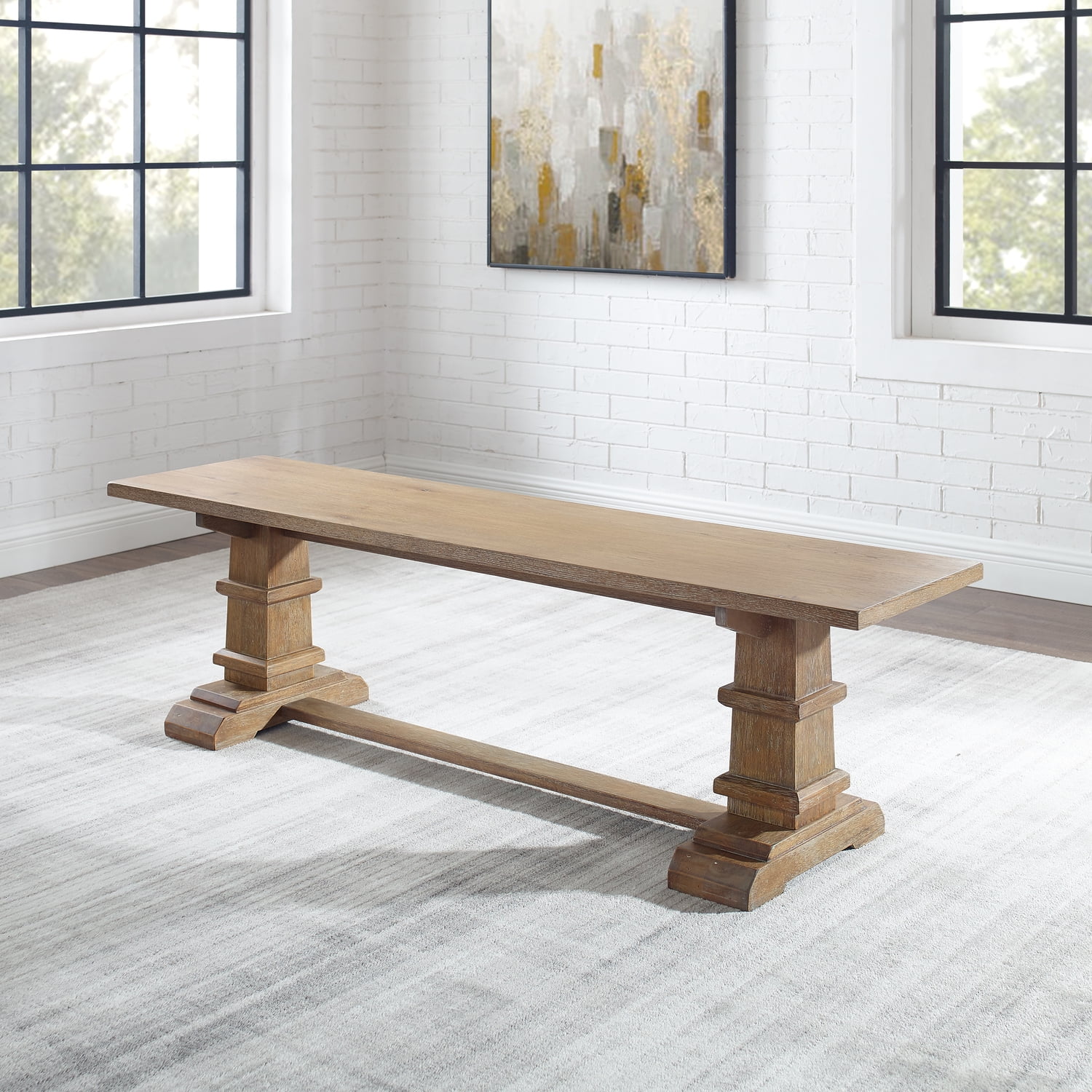 Rustic Brown Farmhouse Wood Dining Bench with Pedestal Columns