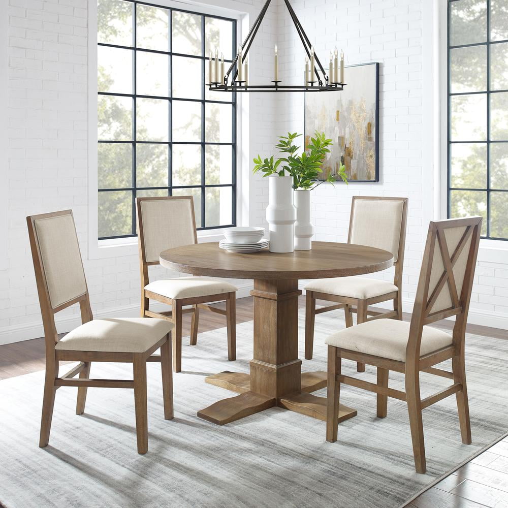 Rustic Brown Round Pedestal Dining Set with Cream Linen Upholstered Chairs