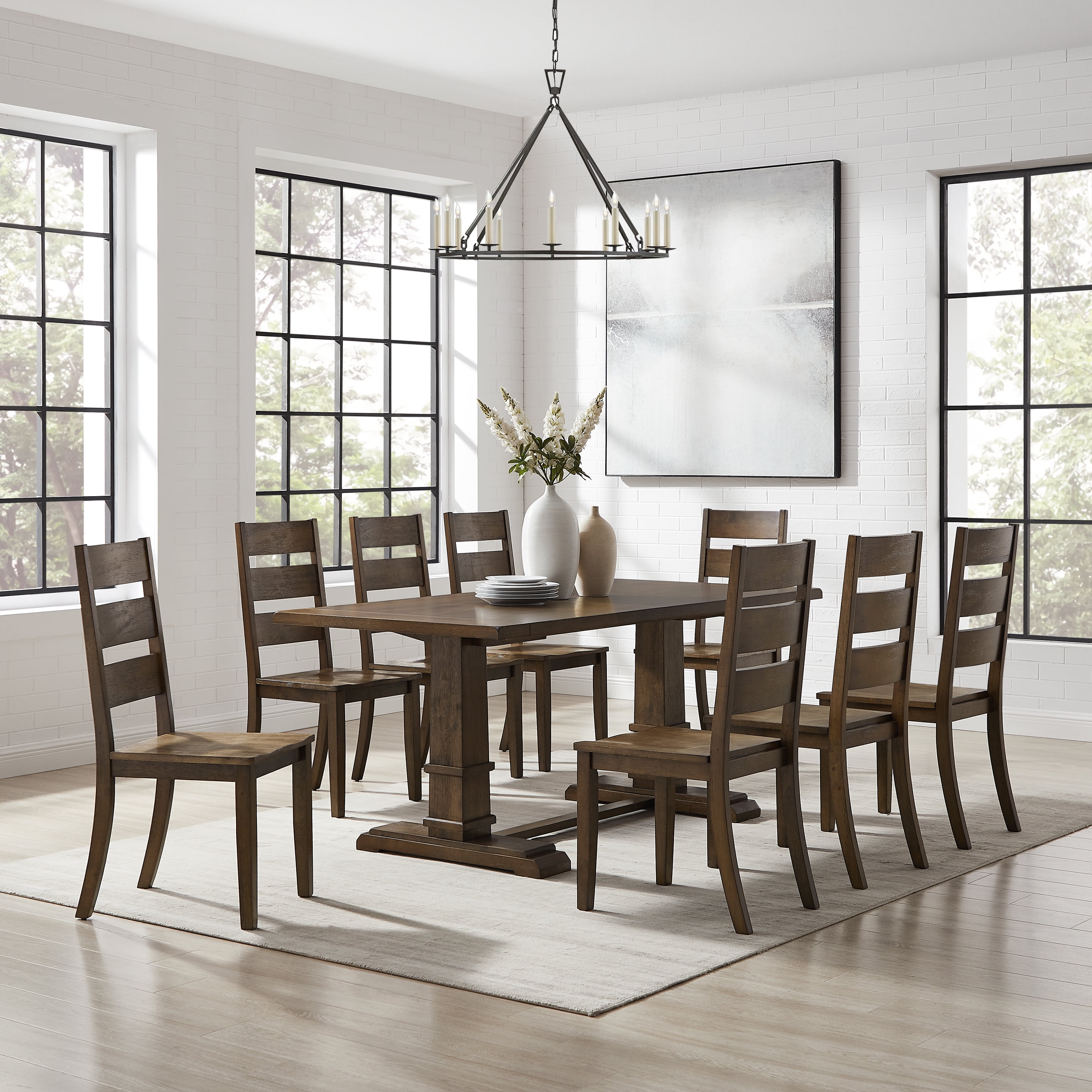 Joanna Dark Oak 9-Piece Dining Table Set with Ladder-Back Chairs