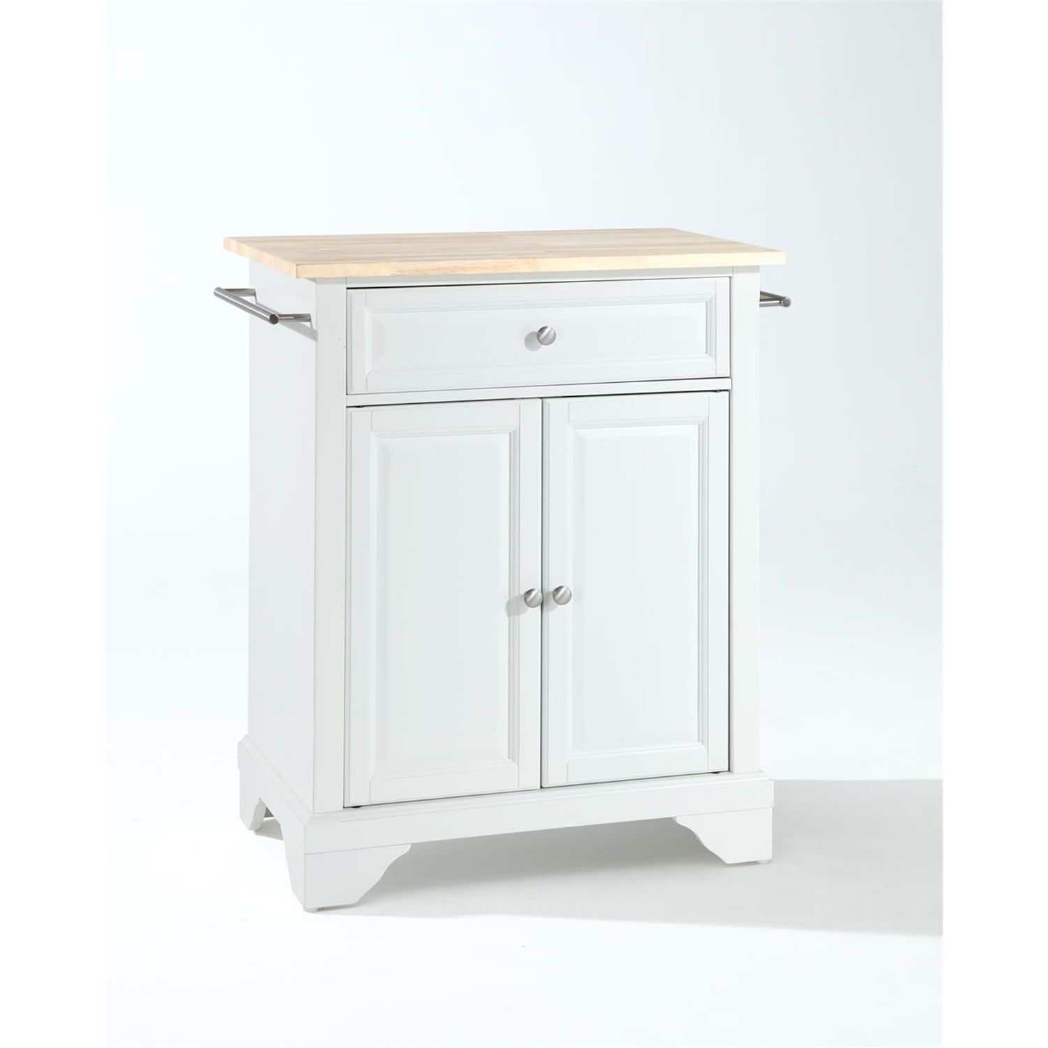 White and Natural Wood Top Kitchen Island Cart with Nickel Hardware