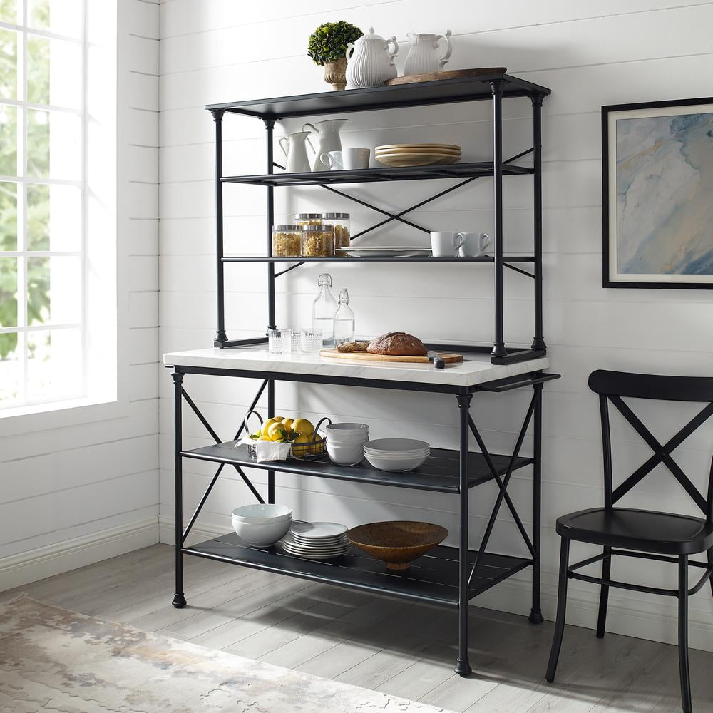Elegant Madeleine Matte Black Kitchen Island with Faux Marble Top and Hutch