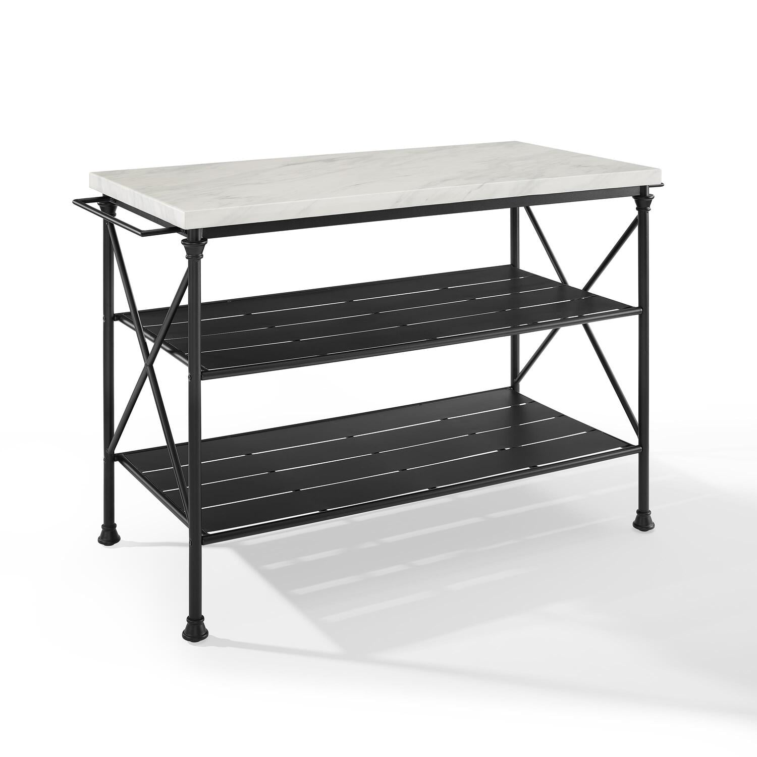 White Faux Marble and Matte Black Steel Kitchen Island Cart