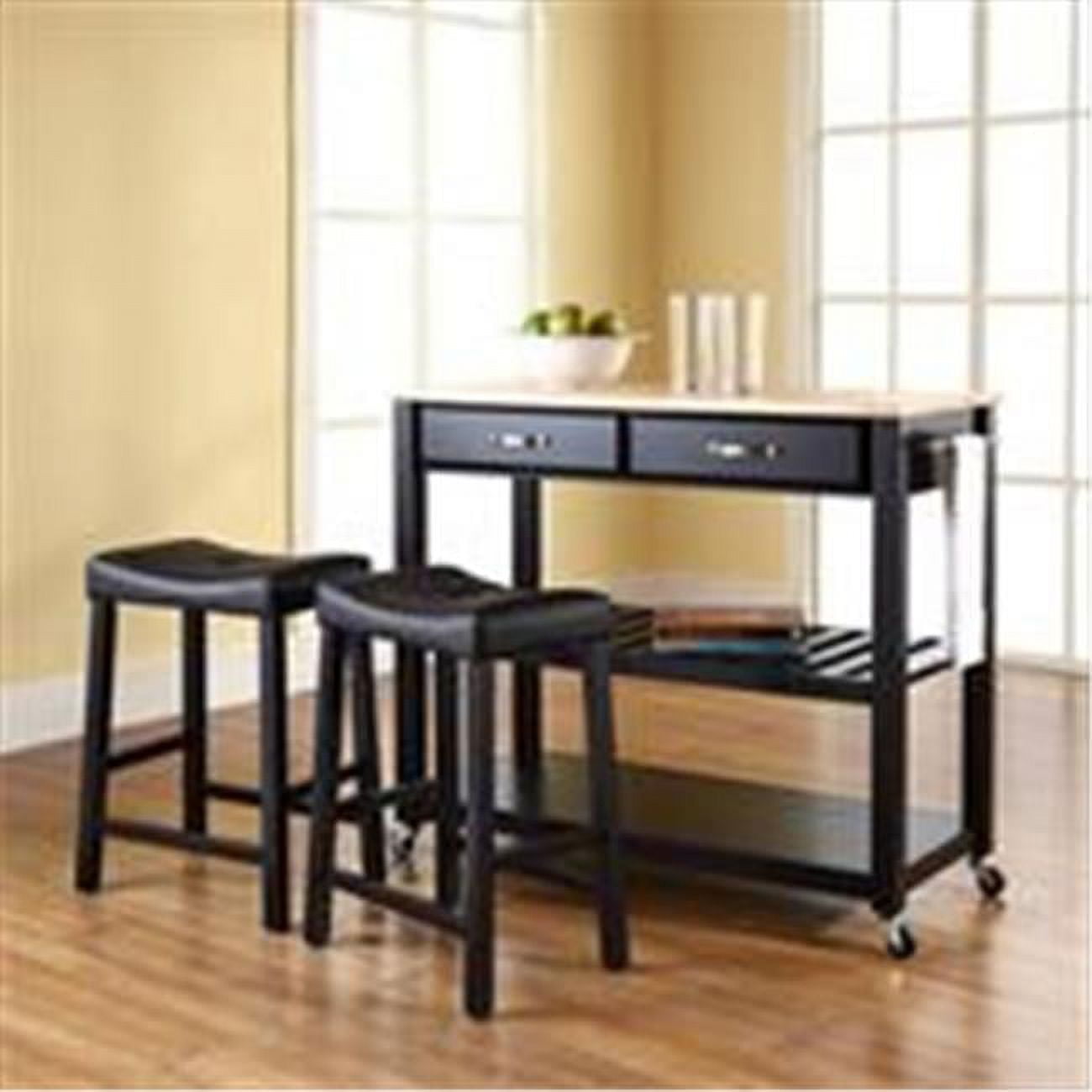 Natural Wood Top Black Kitchen Cart with Wine Rack and Stools