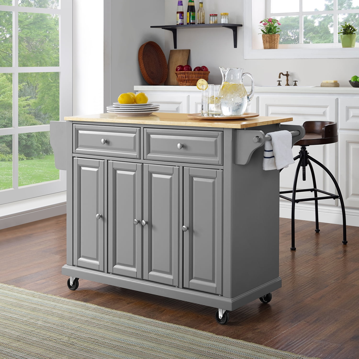 Gray and Natural Wood Top Kitchen Cart with Storage