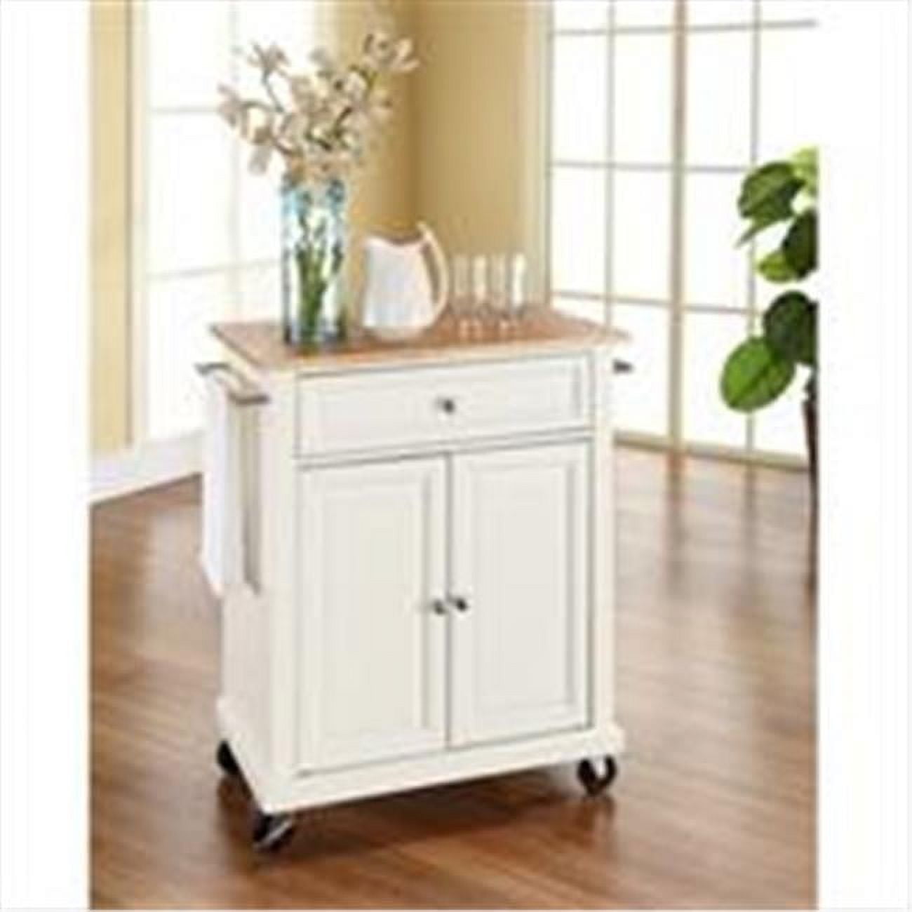 White Wood Kitchen Cart with Natural Top and Storage