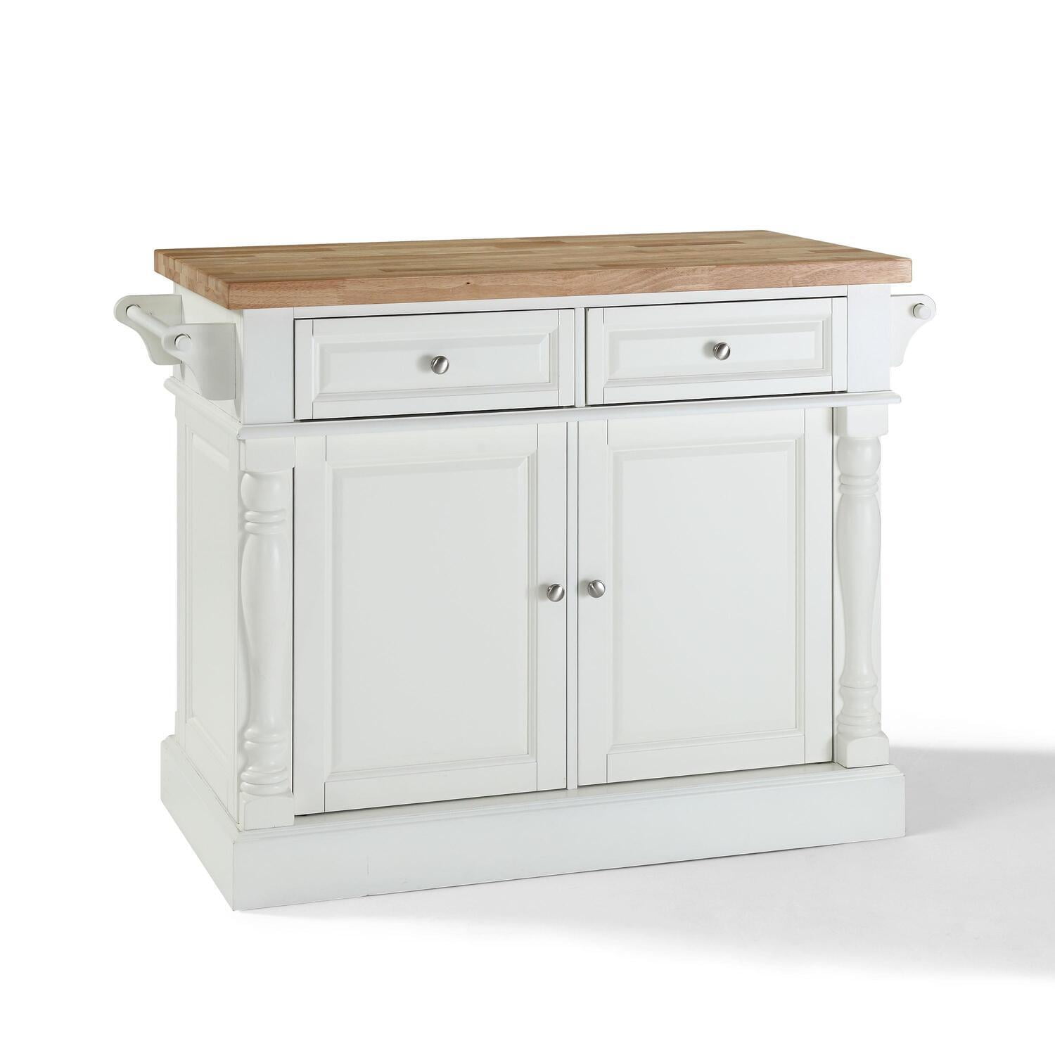 Elegant White Butcher Block Top Kitchen Island with Storage