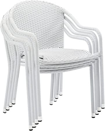 Palm Harbor Elegant White Wicker Stackable Outdoor Dining Chair Set