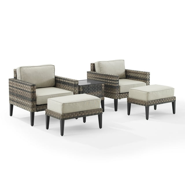 Crosley Furniture Prescott 5Pc Outdoor Wicker Armchair Set Taupe/Brown - Side Table, 2 Armchairs, & 2 Ottomans