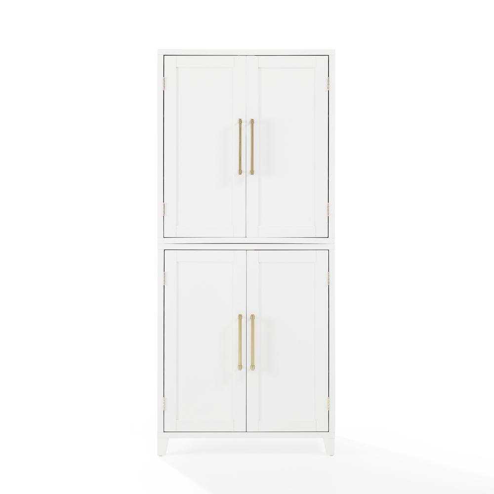 White Recessed Panel Kitchen Pantry Storage Cabinet with Gold Hardware