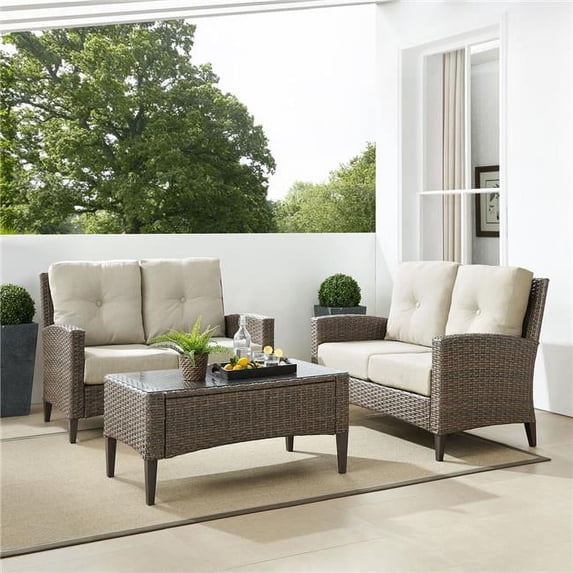 Crosley Furniture Rockport Outdoor Wicker 3 Piece Conversation Set- Oatmeal/Light Brown