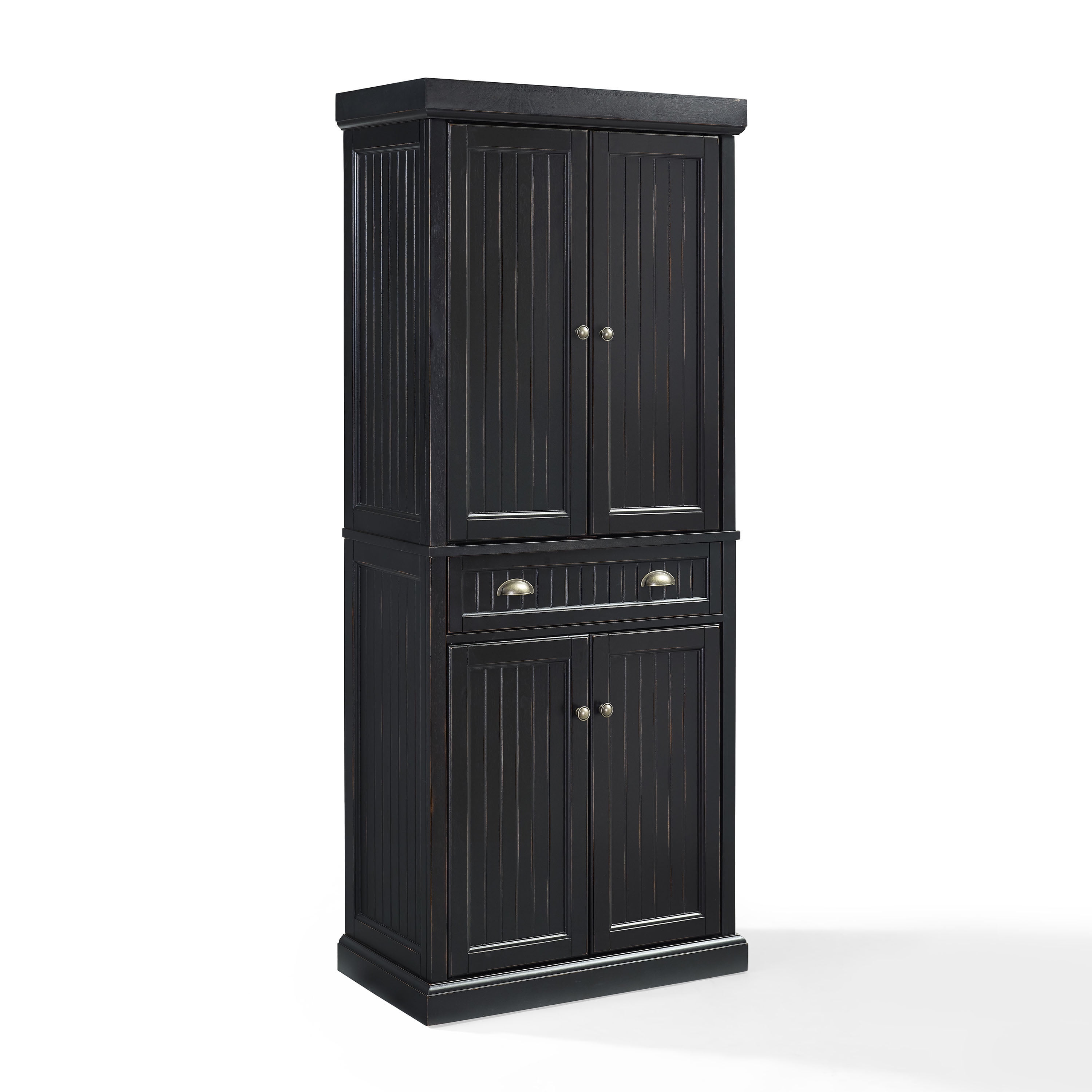 Seaside Distressed Black Solid Hardwood Coastal Pantry Cabinet