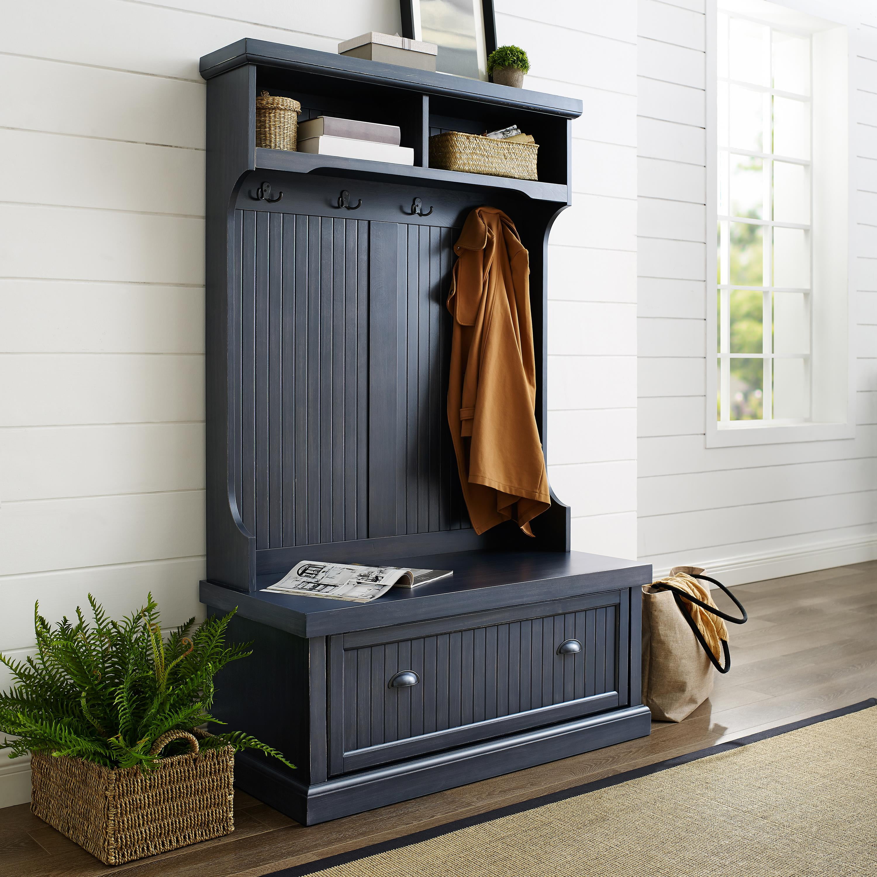Crosley Furniture Seaside Hall Tree In Distressed Navy Finish