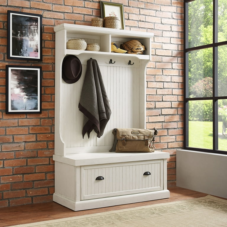 Crosley Furniture Seaside Hall Tree with Shoe Rack Bench and Coat Hooks for Hanging Storage