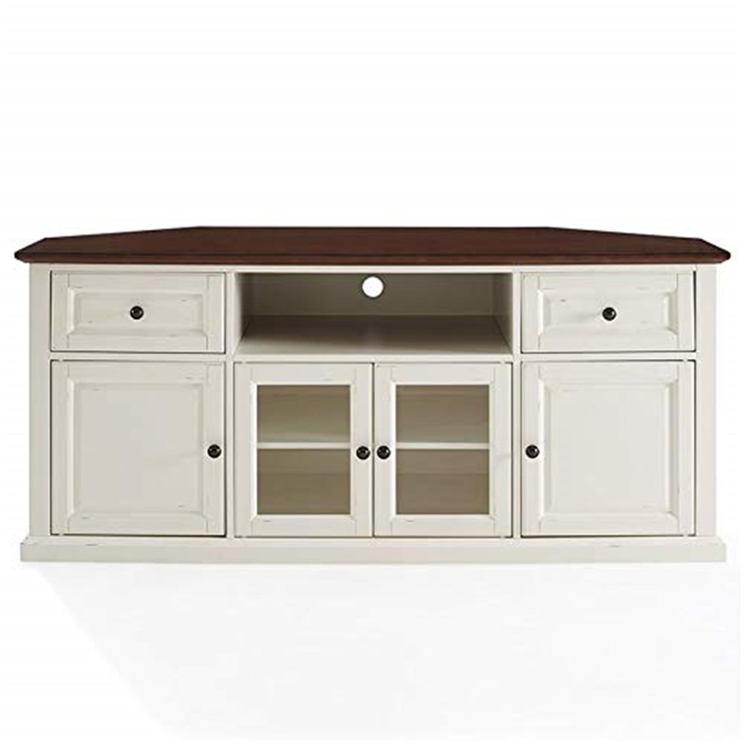 White Mahogany Corner TV Stand with Cabinets, 66"