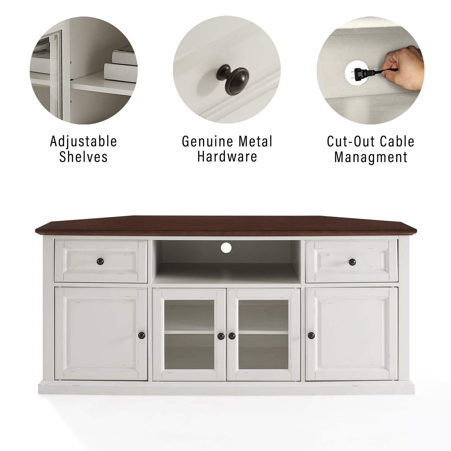White Mahogany Corner TV Stand with Cabinets, 66"