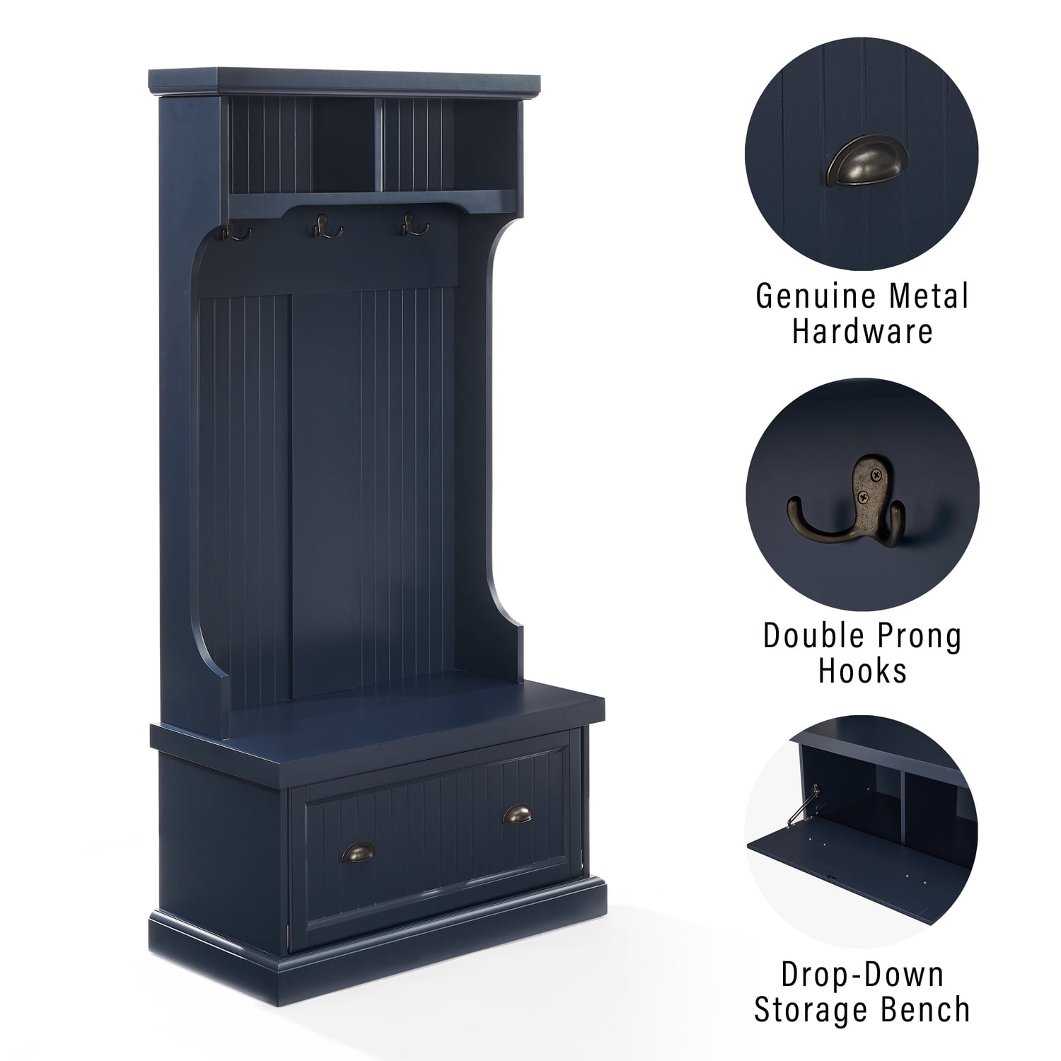 Navy Beadboard Hall Tree with Storage and Hooks