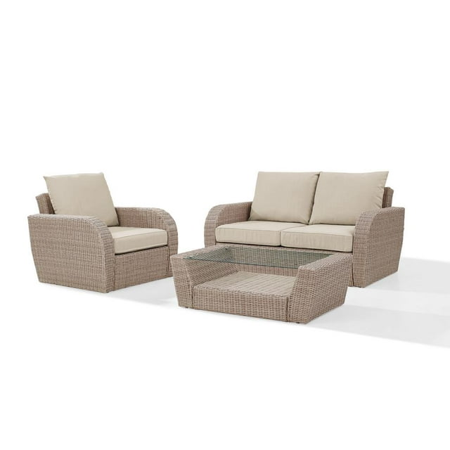 Crosley Furniture St Augustine 3 Pc Outdoor Wicker Seating Set With Oatmeal Cushion - Loveseat, Arm Chair , Coffee Table