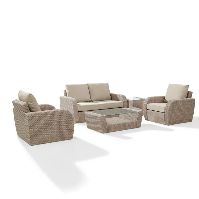 Crosley Furniture St Augustine 5 Pc Outdoor Wicker Seating Set With Oatmeal Cushion - Loveseat, Two Chairs, Coffee Table, Side Table