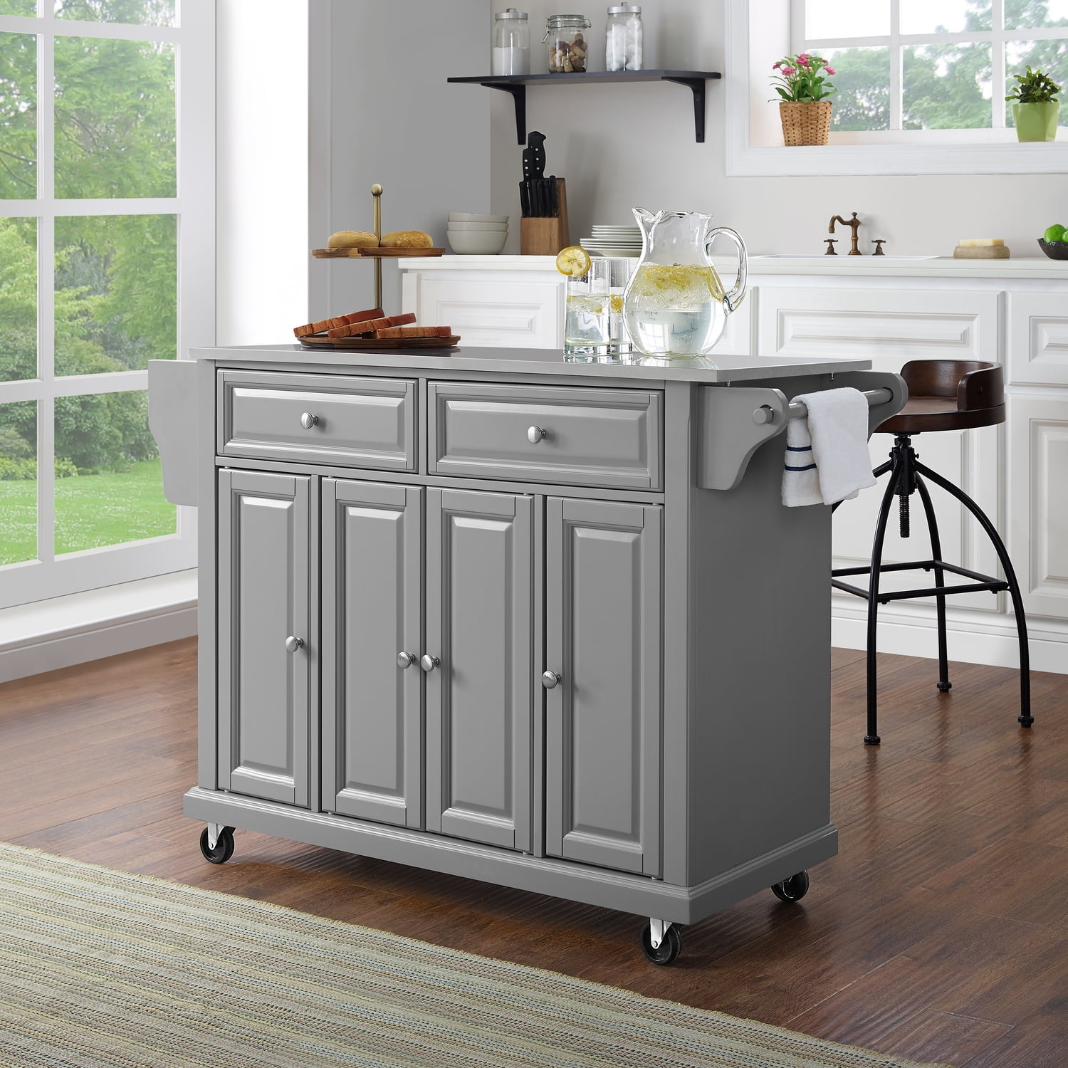Gray Stainless Steel Top Rectangular Kitchen Cart with Storage