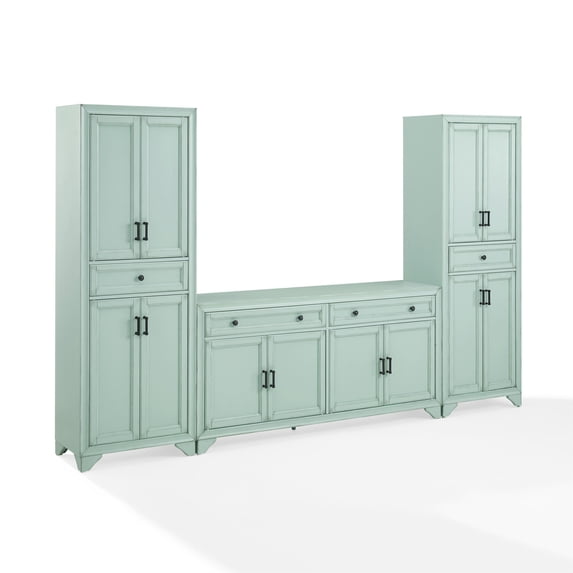 Crosley Furniture Tara 3Pc Sideboard And Pantry Set in Distressed Seafoam Blue