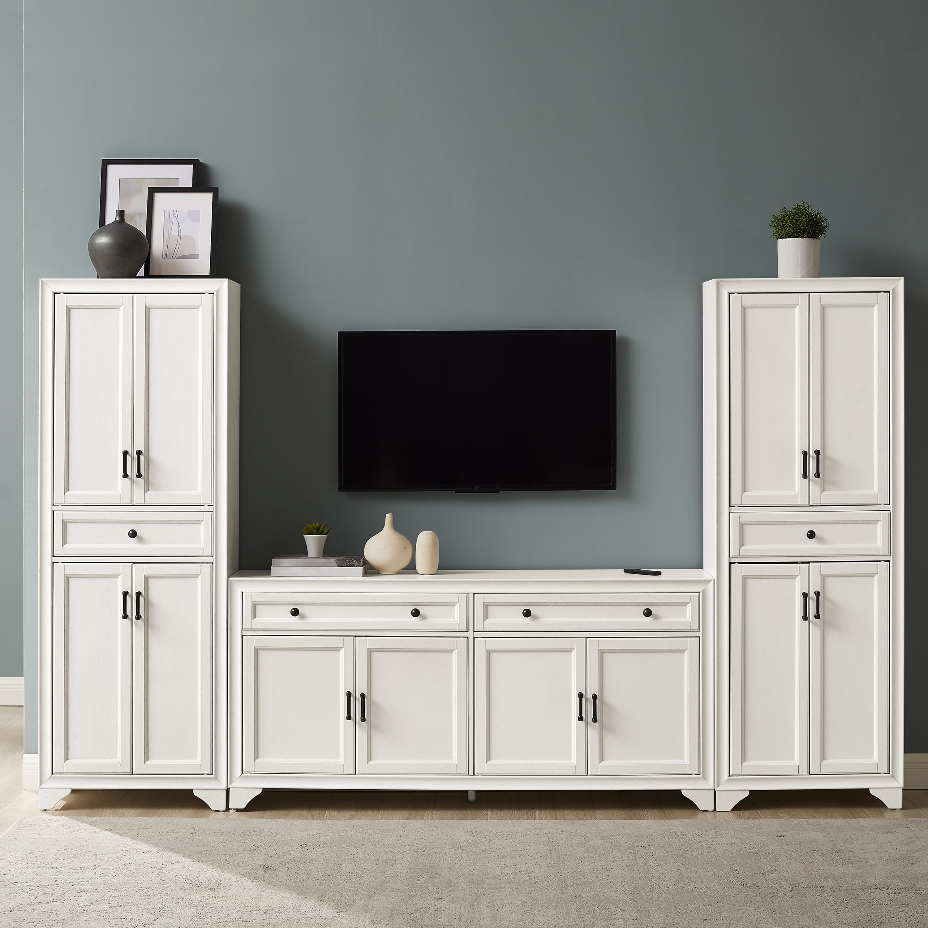 Distressed White 67" Entertainment Set with Cabinets