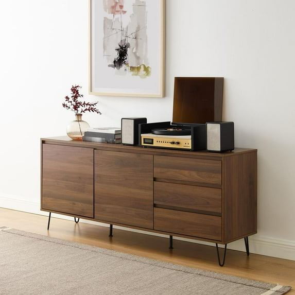 Crosley Furniture Teagan Mid Century Record Storage Sideboard Buffet Cabinet