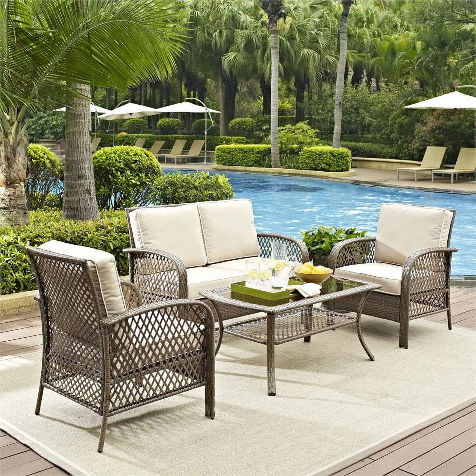 Crosley Furniture Tribeca 4 Piece Outdoor Wicker Seating Set With Sand Cushions - Loveseat, 2 Arm Chairs, And Coffee Table - image 1 of 7