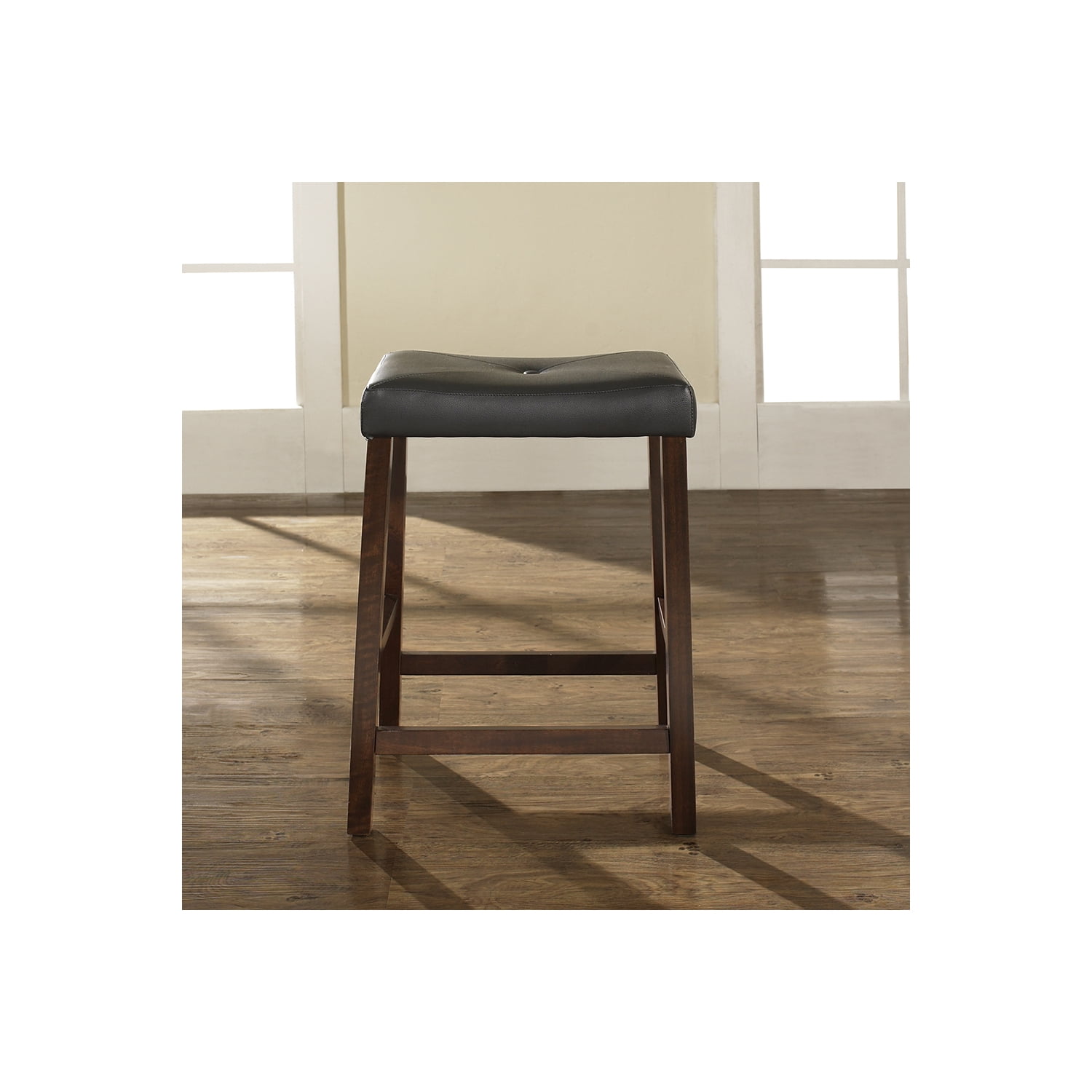 Vintage Mahogany 24" Backless Saddle Style Barstools with Leather Seat, Set of 2