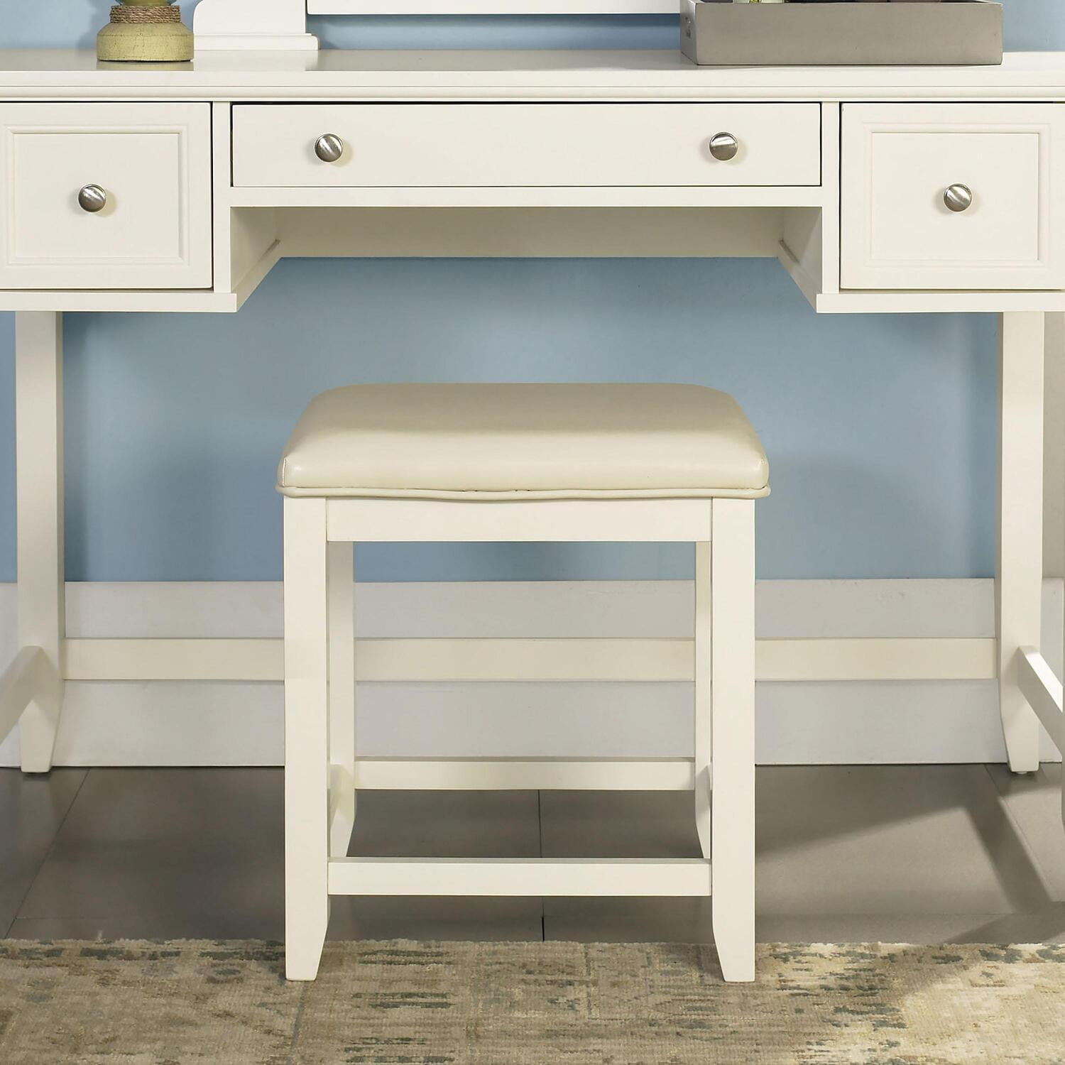 Vista White Solid Pine Wood Vanity Stool with Faux Leather Seat