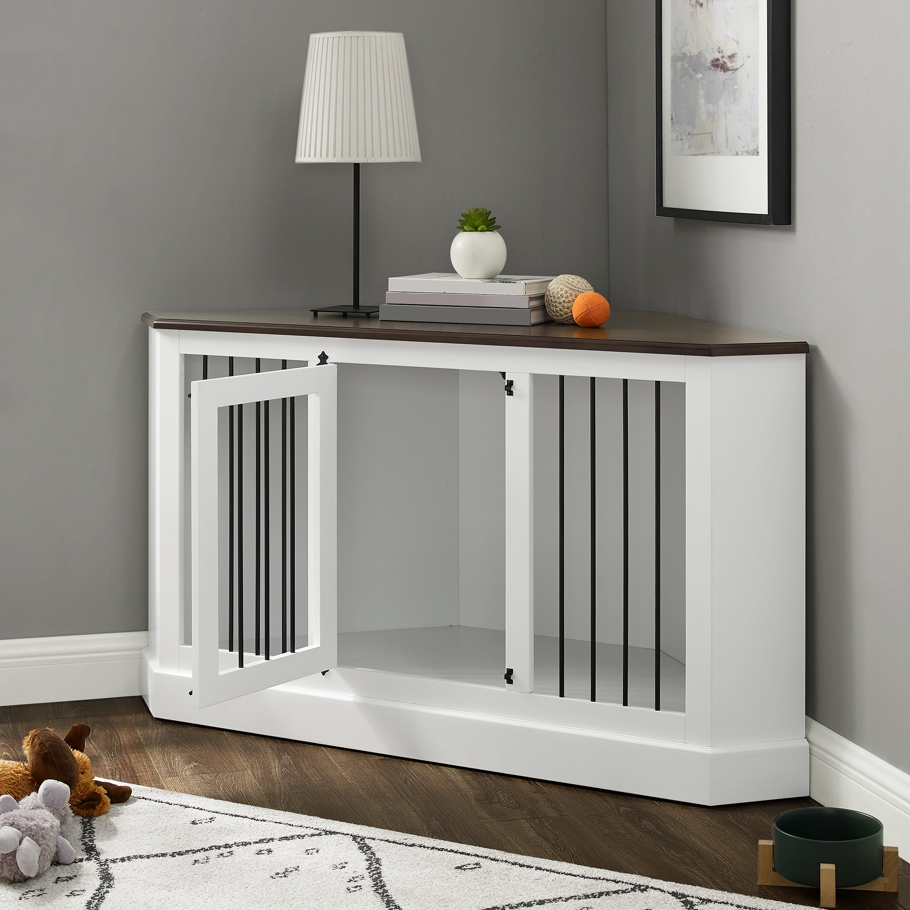 Crosley Winslow Corner Credenza Dog Crate White Dark Brown