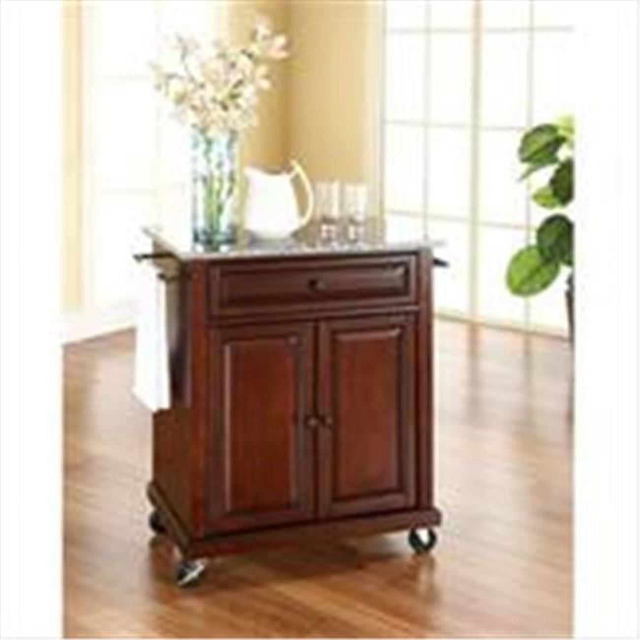 Compact Granite Top Mahogany Kitchen Cart with Ample Storage