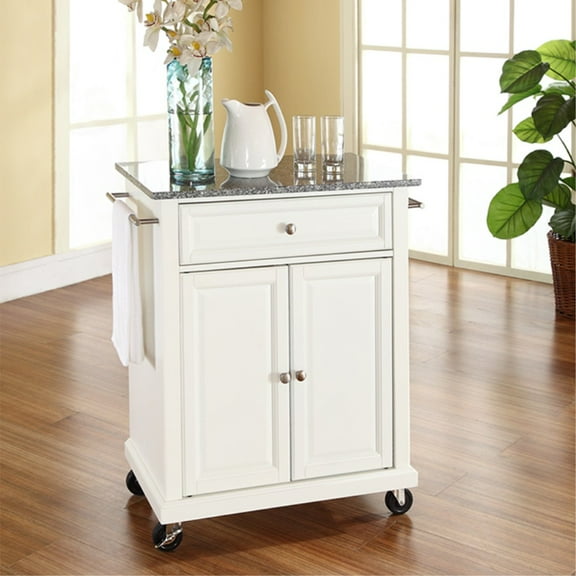 SOLID GRANITE TOP PORTABLE KITCHEN CART/ISLAND IN WHITE FINISH