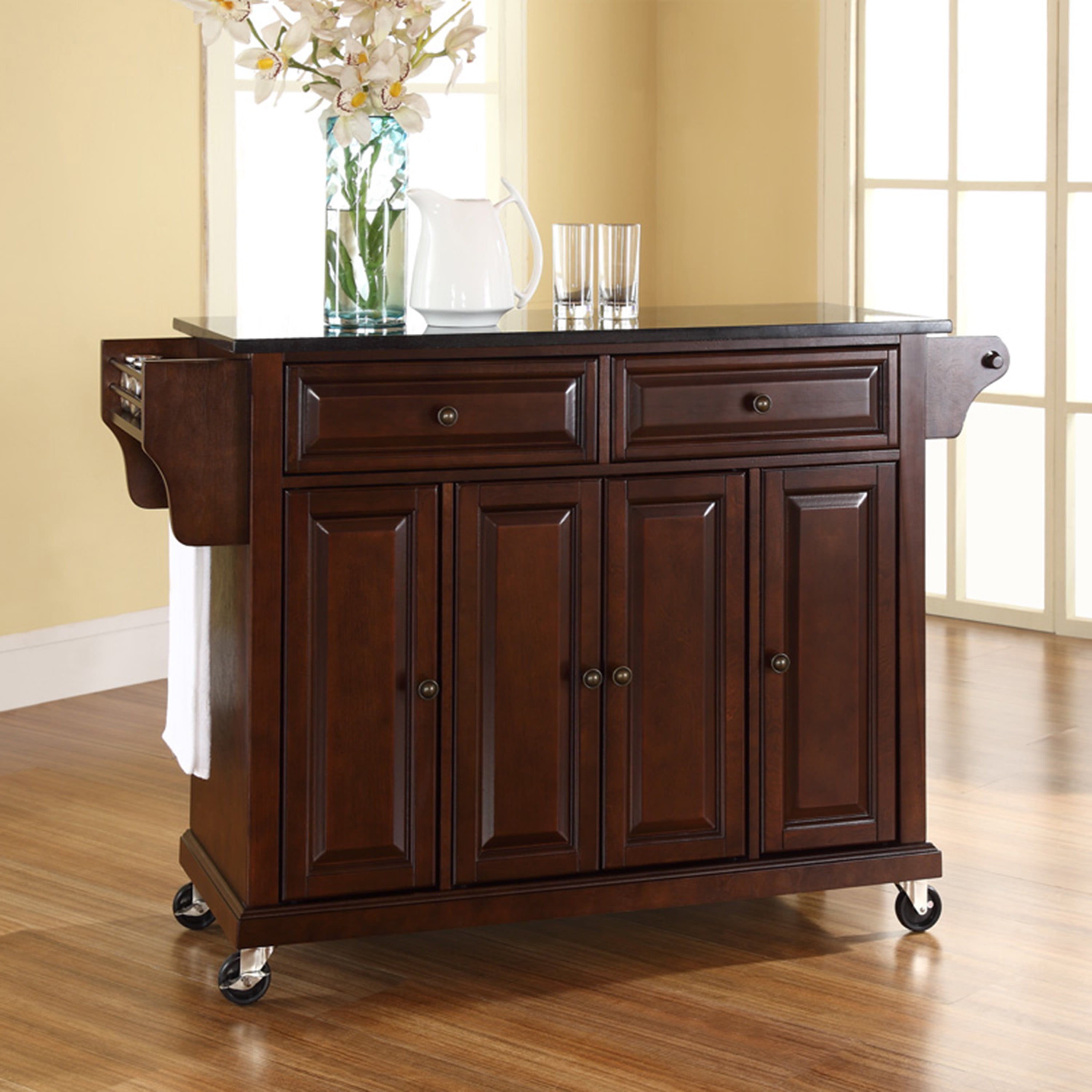 Vintage Mahogany Kitchen Cart with Spice Rack and Granite Top