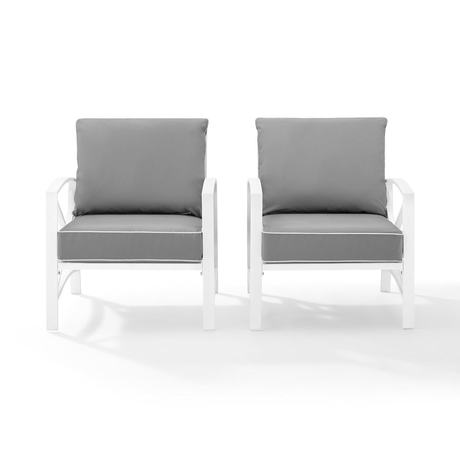 Gray and White Outdoor Club Chairs with Cushions, Set of 2