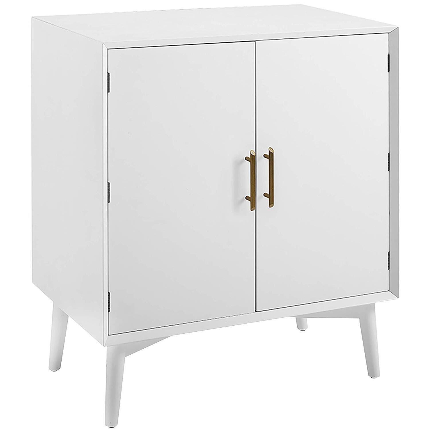 Landon Mid-Century White Bar Cabinet with Antique Brass Handles