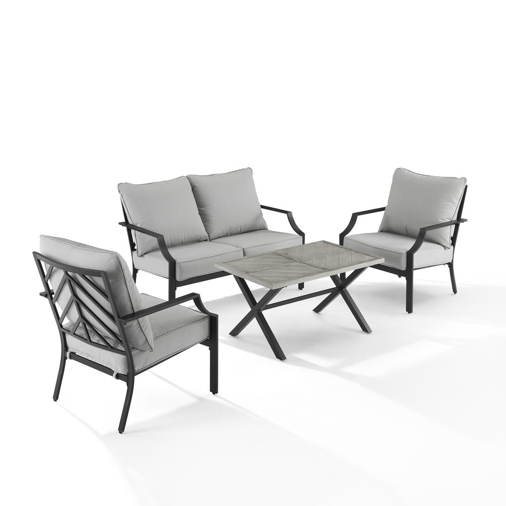Otto 4 Piece Outdoor Loveseat Patio Furniture Set Gray, Matte Black - Loveseat, Coffee Table, & 2 Armchairs