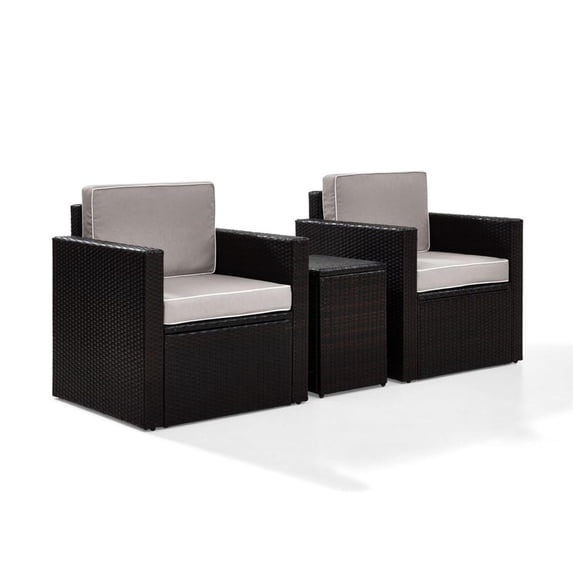 Palm Harbor 3-Piece Outdoor Wicker Conversation Set With Gray Cushions -- Two Swivel Chairs & Side Table