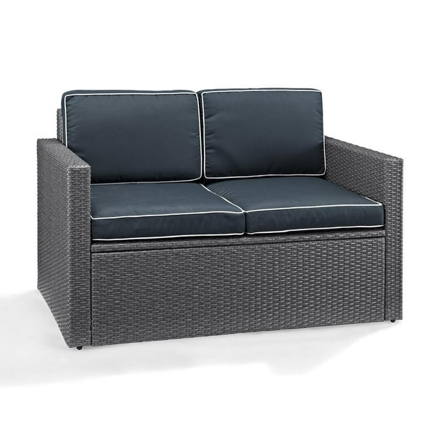 Crosley Palm Harbor Outdoor Loveseat In Grey Wicker With Navy Cushions