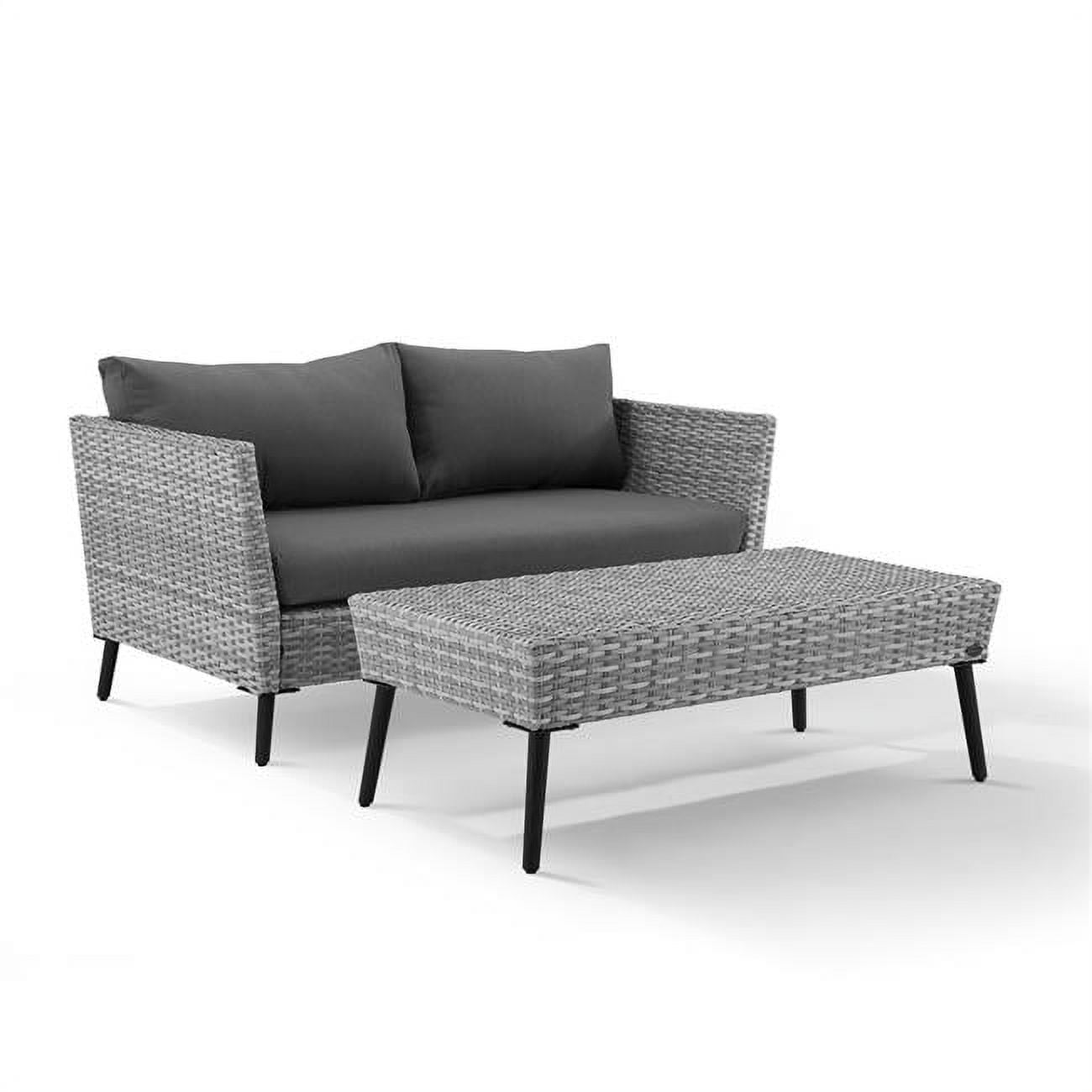 Gray Wicker 2-Piece Outdoor Loveseat and Coffee Table Set