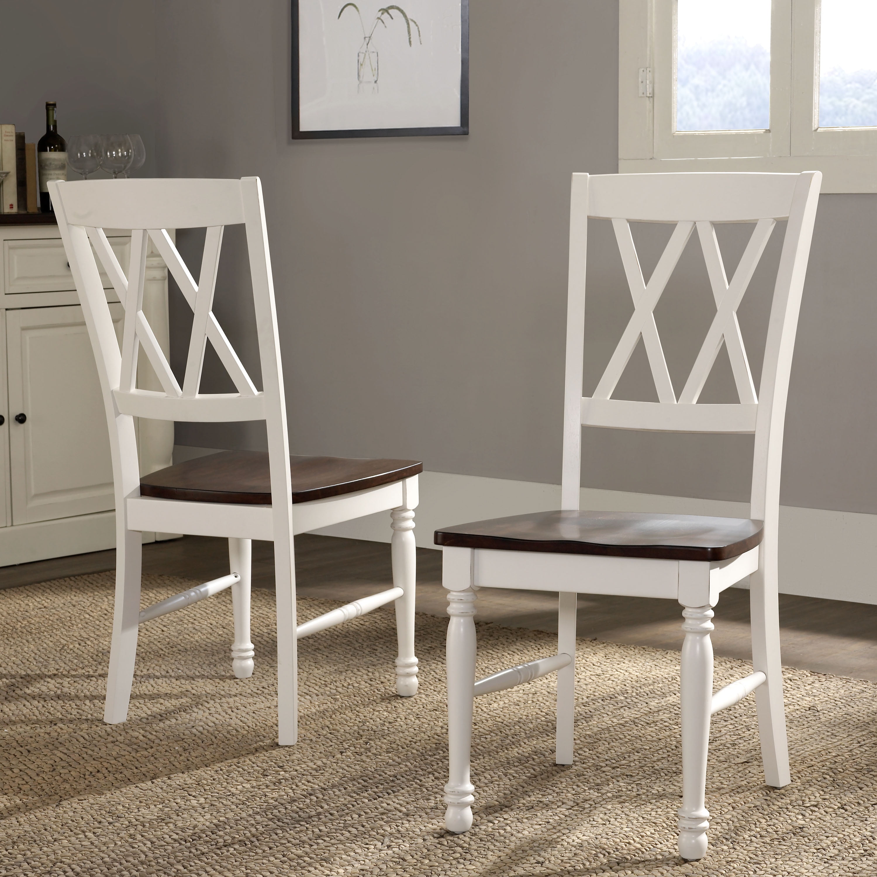 White Cross Back Rustic Wood and Metal Dining Chairs, Set of 2