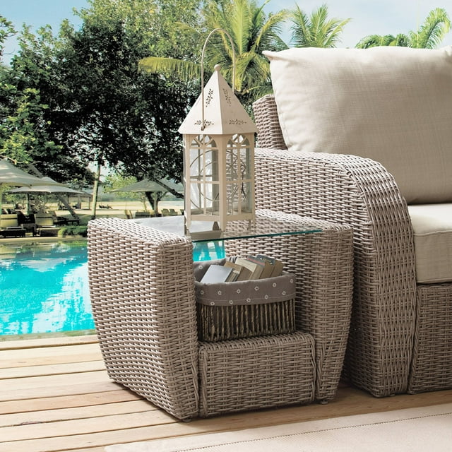 Crosley St Augustine Outdoor Wicker Side Table In Weathered White