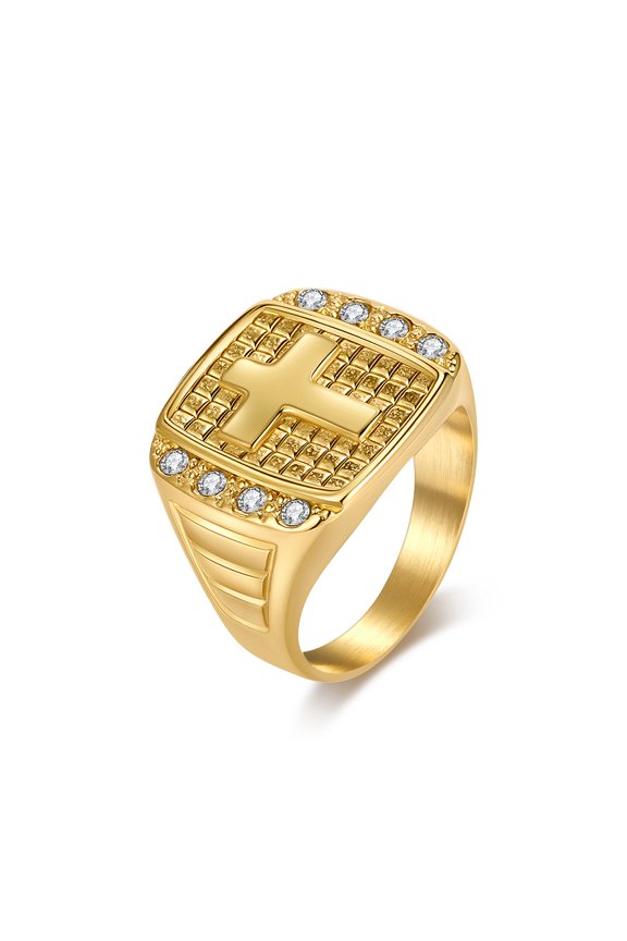 Cross 14K Gold Ring For Men Charm Inlaid Rhinestone Ring Prayer Ring Wedding Anniversary Ring Gift
