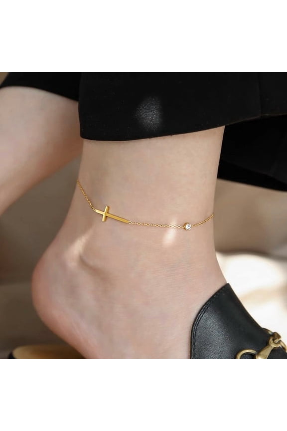 Cross 14K Yellow Gold Bracelet for Women Simple Single Chain Fancy Cross Anklet Charm with Shiny CZ Fashion Versatile Female Trendy Jewelry Gift