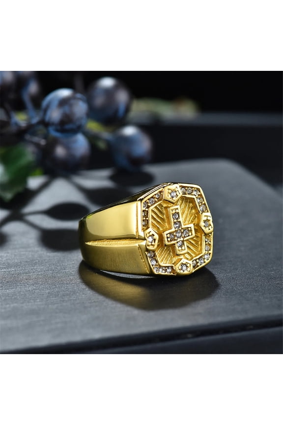 Cross 14K Yellow Gold Ring For Men Charm Gold Color Inlaid Rhinestone Ring Prayer Ring Wedding Anniversary Ring Gift