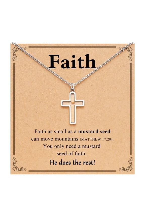 Cross 201 Stainless Steel Mustard Seed Pendant Necklaces for Women Silver 17.72 inch(45cm)