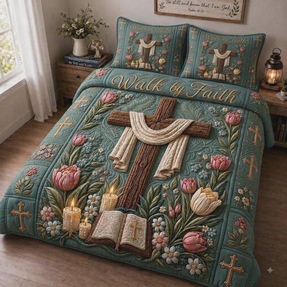 Cross 3 Piece Quilted Bedding Set, Walk by Faith Bedding Set, Religious Floral Bedroom Decor