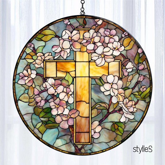 Cross Acrylic Wildflowers Suncatcher Window Hanging, Single-Sided UV Printed Faux Stained Glass, Christian Flowers Cross Religious Christmas Home Decor