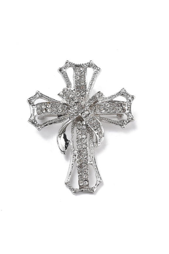 Cross Alloy Rhinestone Brooch Pins Platinum 64x52mm