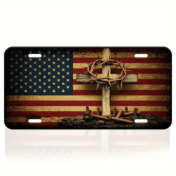 Cross American Flag Decorative License Plate Covers 12x6 Inch Front License Plate Covers,Rustic Distressed Design, Patriotic Religious Symbolism for Cars, Trucks, SUVs - Fit for All Vehicles